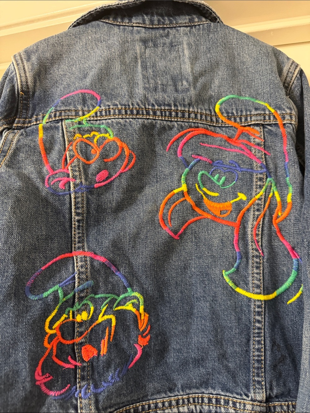 GAP Girls Blue Denim Jean Jacket with Neon Smurf Embroidery. Size Medium (8/9)